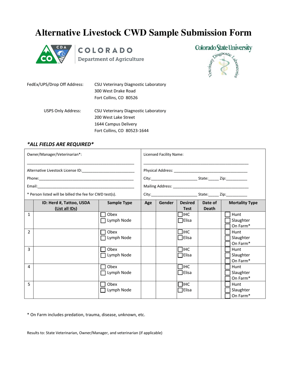 Alternative Livestock Cwd Sample Submission Form - Colorado, Page 1