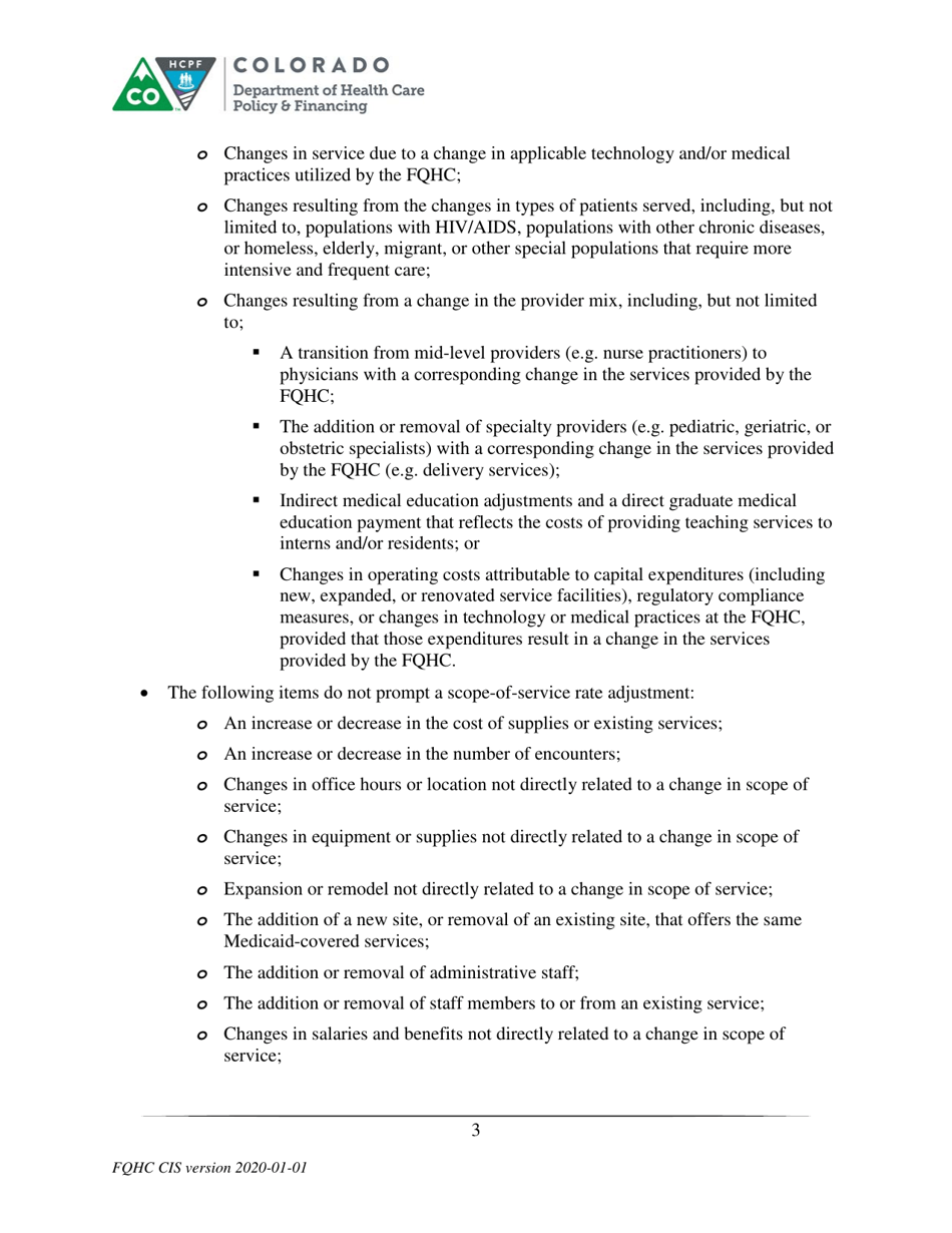 Instructions for Scope-Of-Service Rate Adjustment Application and Attestation - Federally Qualified Health Center - Colorado, Page 3