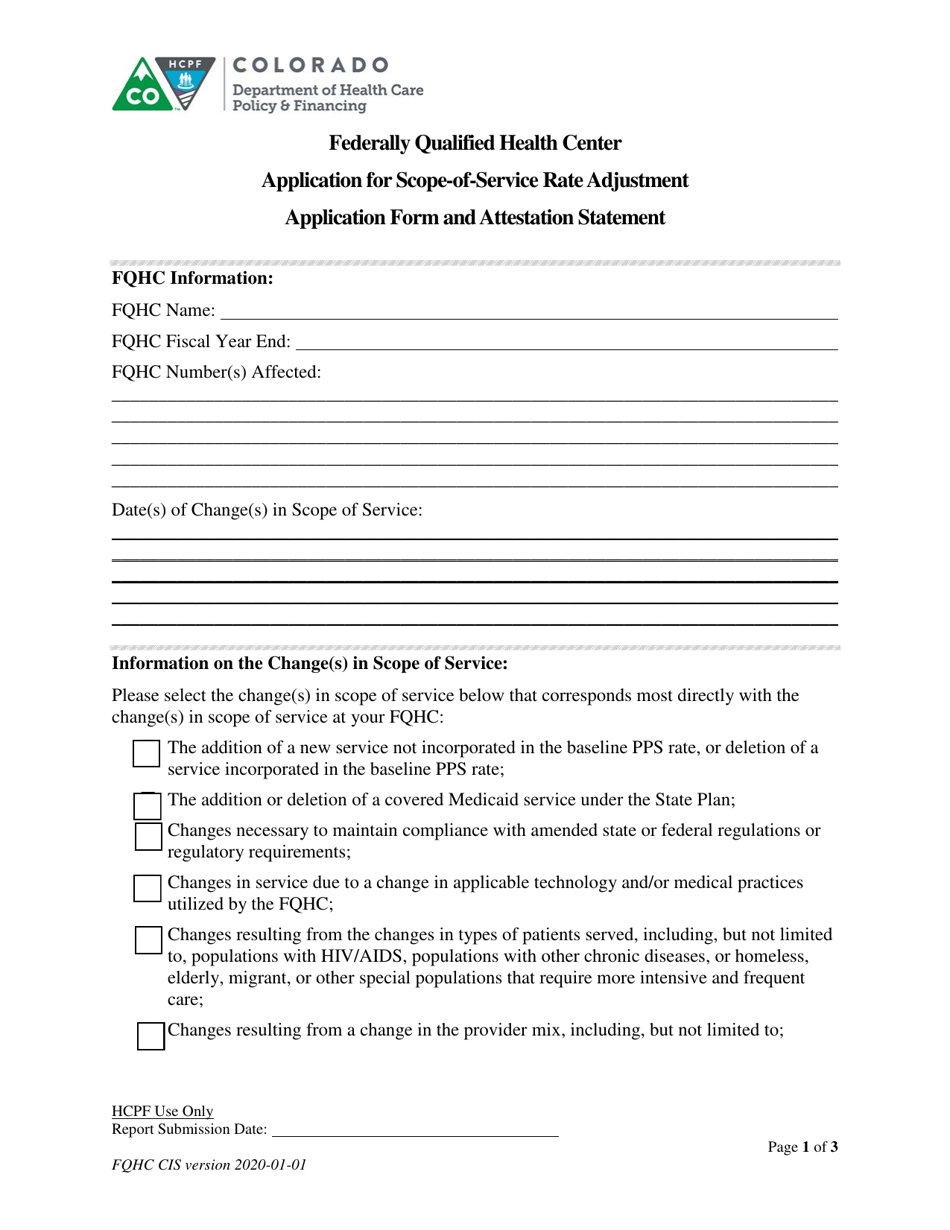 Scope-Of-Service Rate Adjustment Application and Attestation - Federally Qualified Health Center - Colorado, Page 1