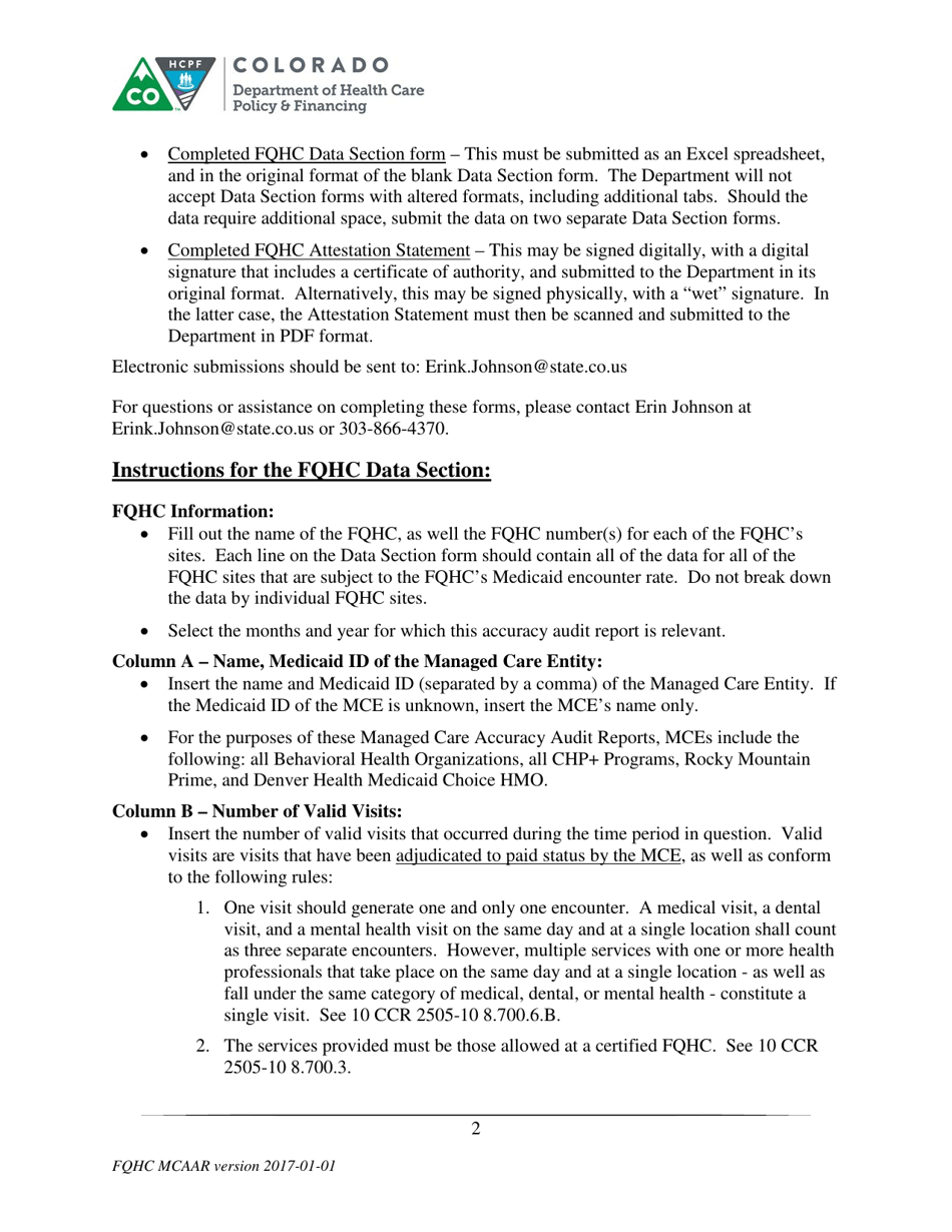 Federally Qualified Health Center Managed Care Accuracy Audit Report Fqhc Instructions - Colorado, Page 2