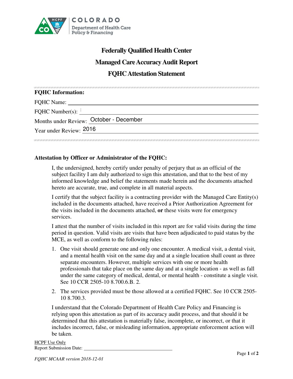 Managed Care Accuracy Audit Report Fqhc Attestation Statement - Federally Qualified Health Center - Colorado, Page 1
