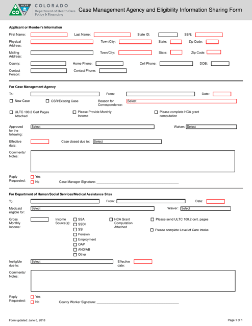 Case Management Agency and Eligibility Information Sharing Form - Colorado Download Pdf