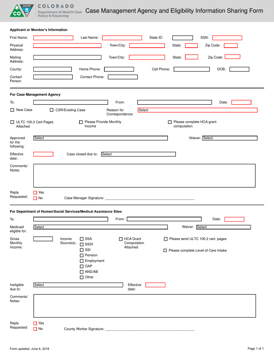 Case Management Agency and Eligibility Information Sharing Form - Colorado, Page 1