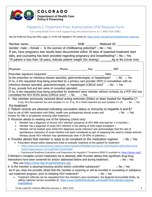 Hepatitis C Treatment Prior Authorization (Pa) Request Form - Colorado Download Pdf
