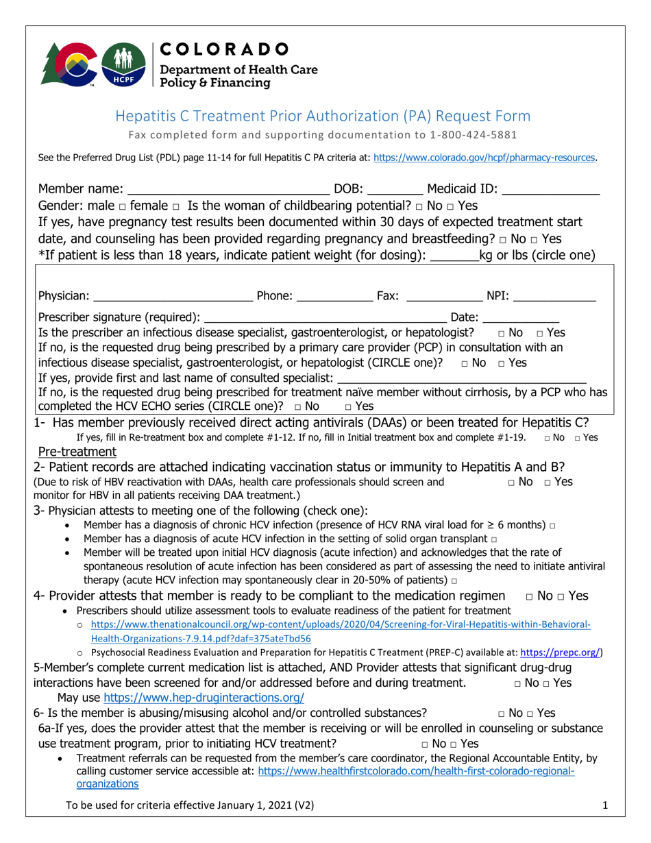 Hepatitis C Treatment Prior Authorization (Pa) Request Form - Colorado, Page 1