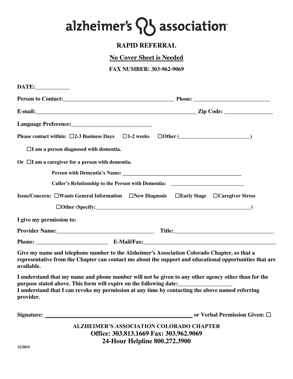 Alzheimers Association Rapid Referral Form - Colorado, Page 1