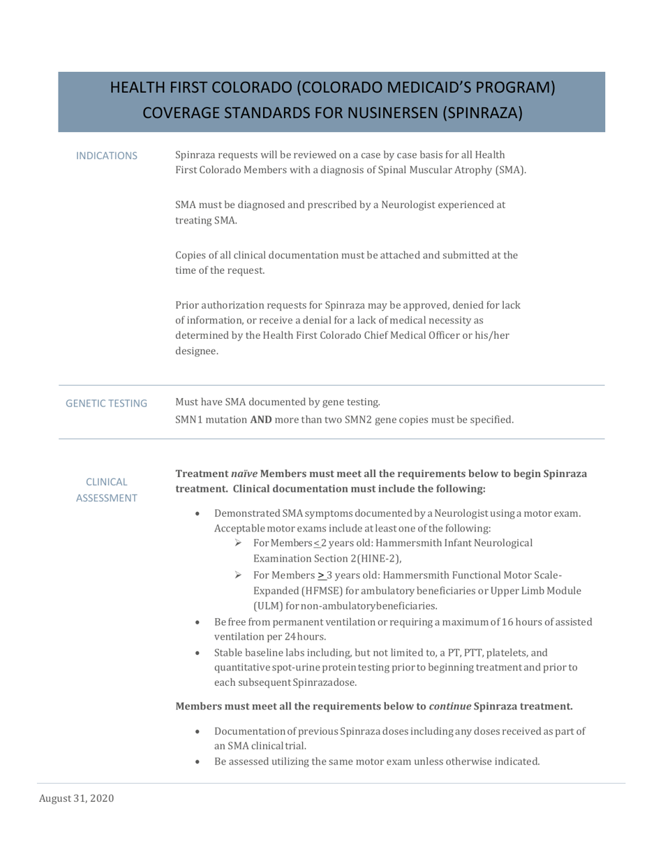 Spinraza (Nusinersen) Coverage Standards and Request Form - Colorado, Page 1
