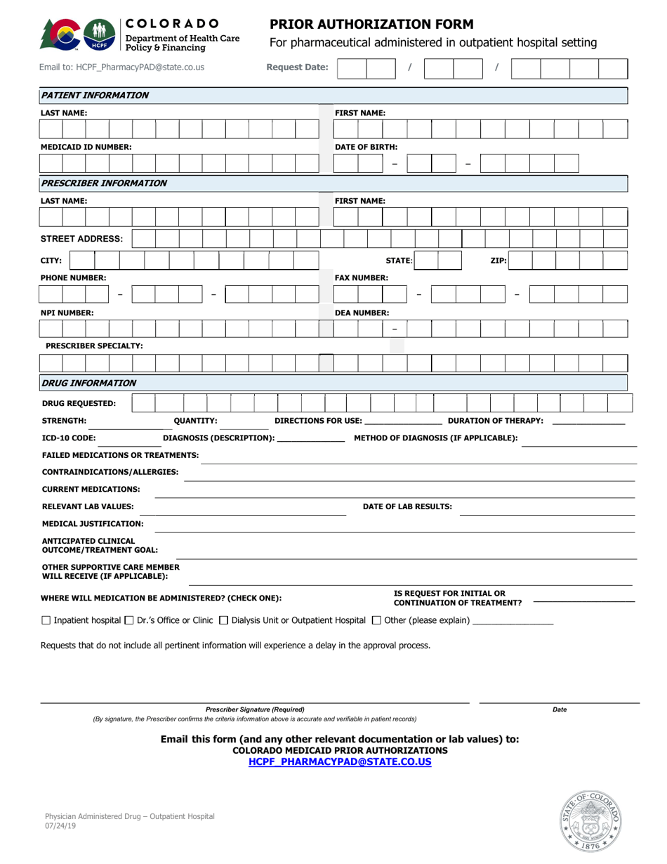 Prior Authorization Form for Pharmaceutical Administered in Outpatient Hospital Setting - Colorado, Page 1