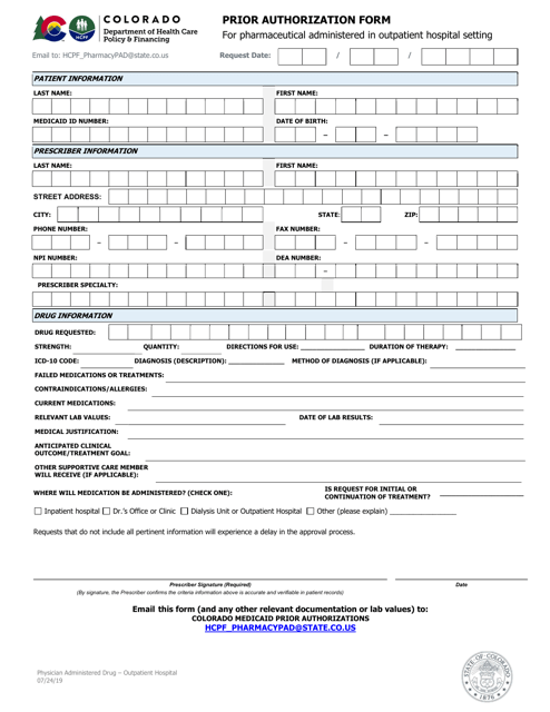 Prior Authorization Form for Pharmaceutical Administered in Outpatient Hospital Setting - Colorado