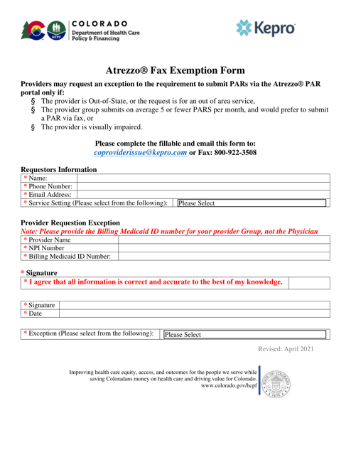 Atrezzo Fax Exemption Form - Colorado Download Pdf