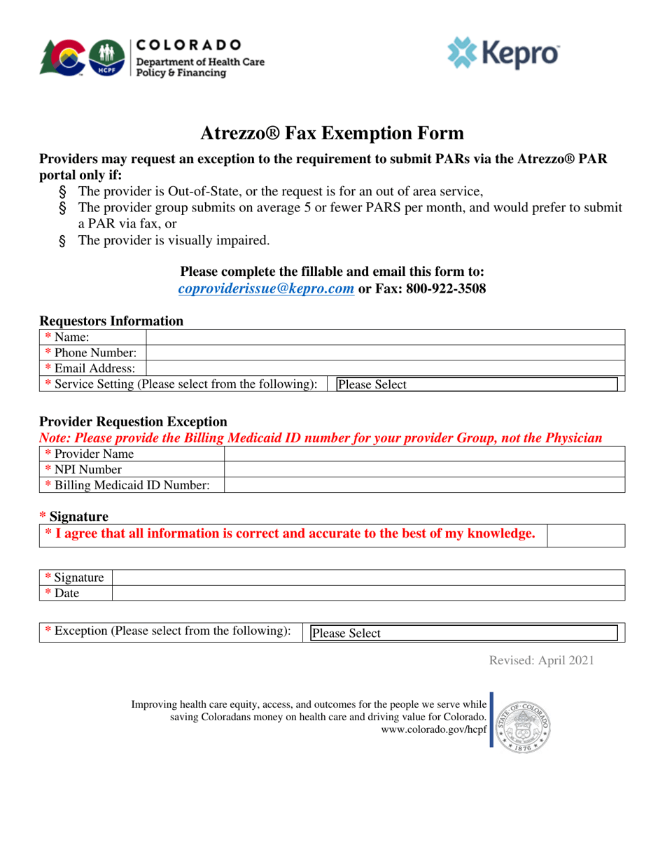 Atrezzo Fax Exemption Form - Colorado, Page 1