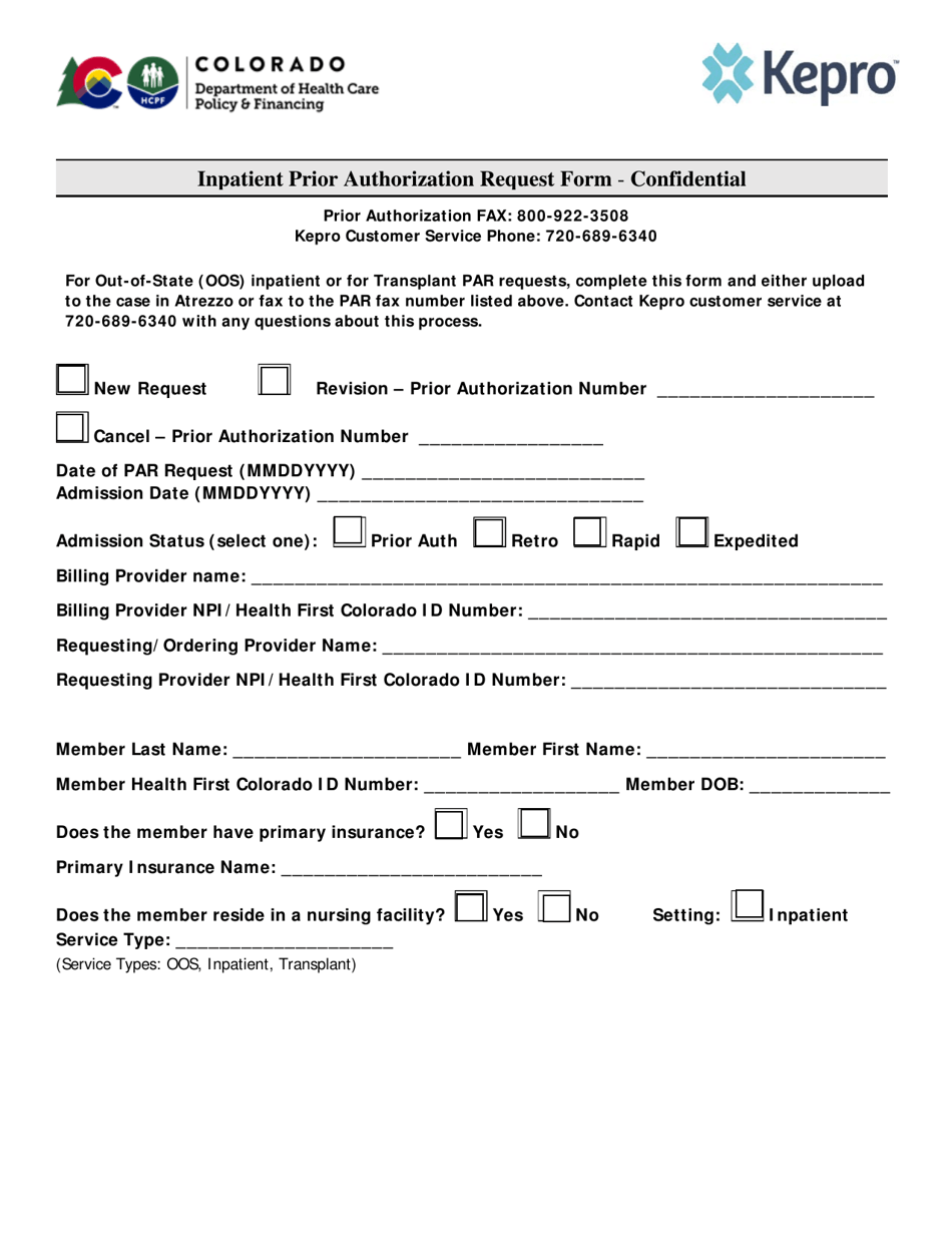 Inpatient Prior Authorization Request Form - Colorado, Page 1