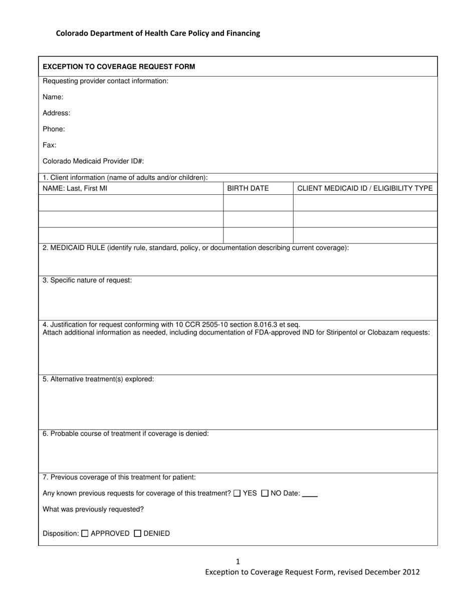 Exception to Coverage Request Form - Colorado, Page 1