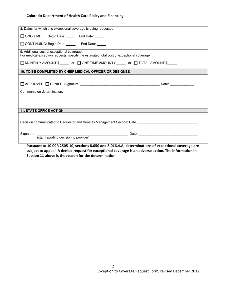 Colorado Exception to Coverage Request Form - Fill Out, Sign Online and ...