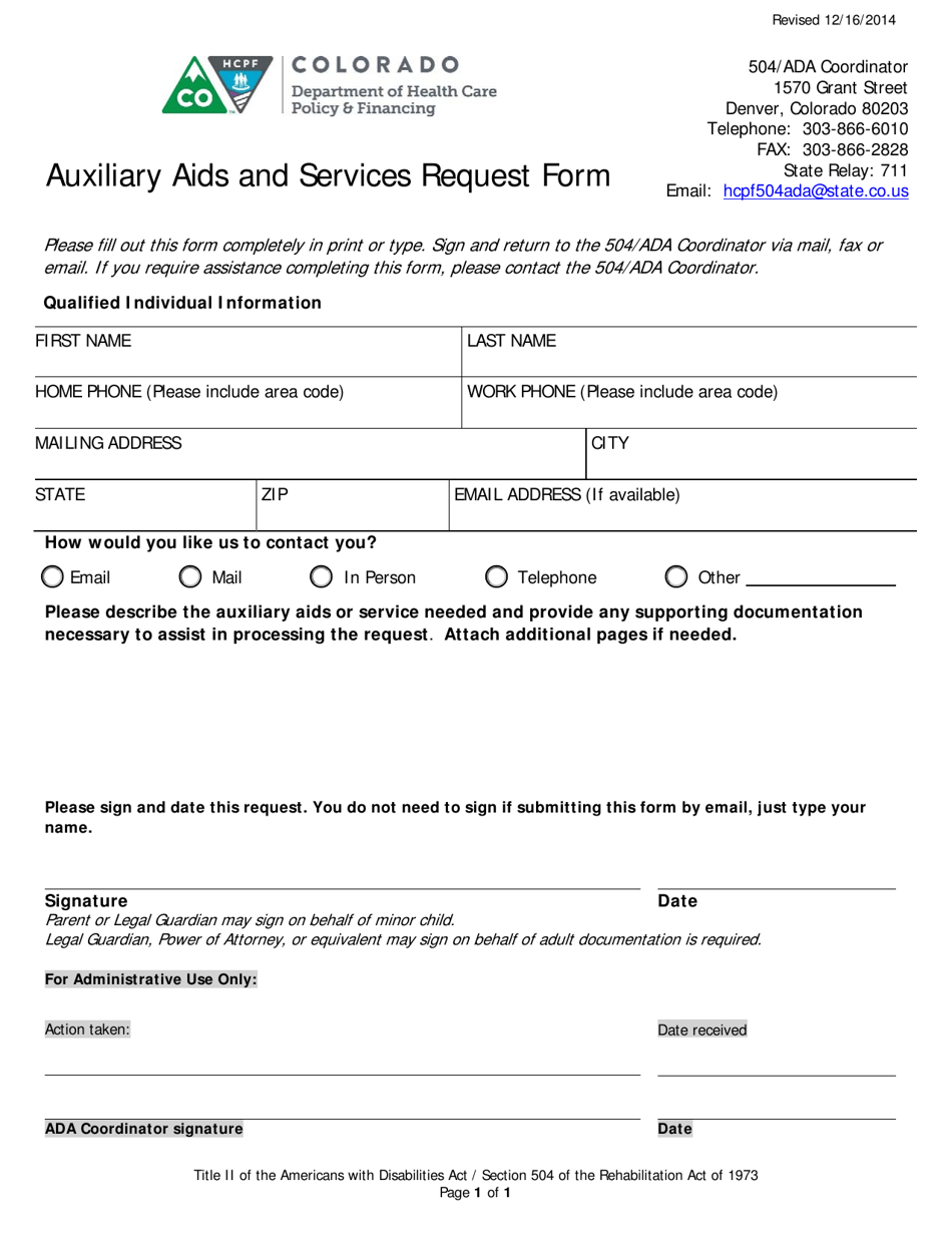 Auxiliary AIDS and Services Request Form - Colorado, Page 1