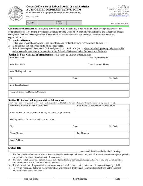 Authorized Representative Form - Colorado Download Pdf