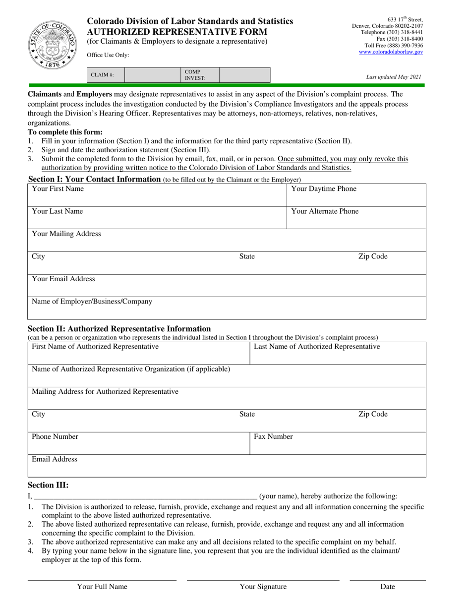 Authorized Representative Form - Colorado, Page 1