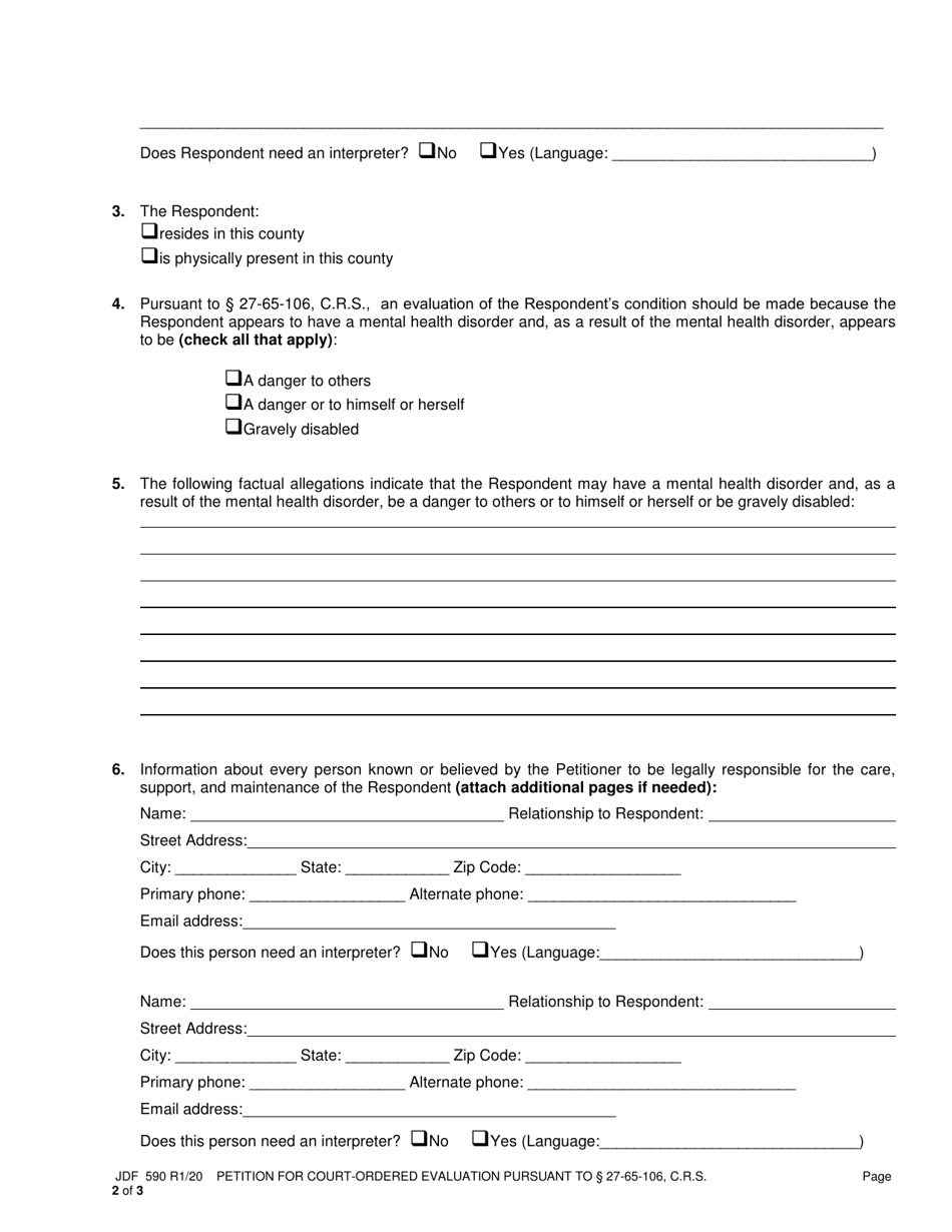 Form JDF590 Petition for Court-Ordered Evaluation Pursuant to Section 27-65-106,c.r.s. - Colorado, Page 2