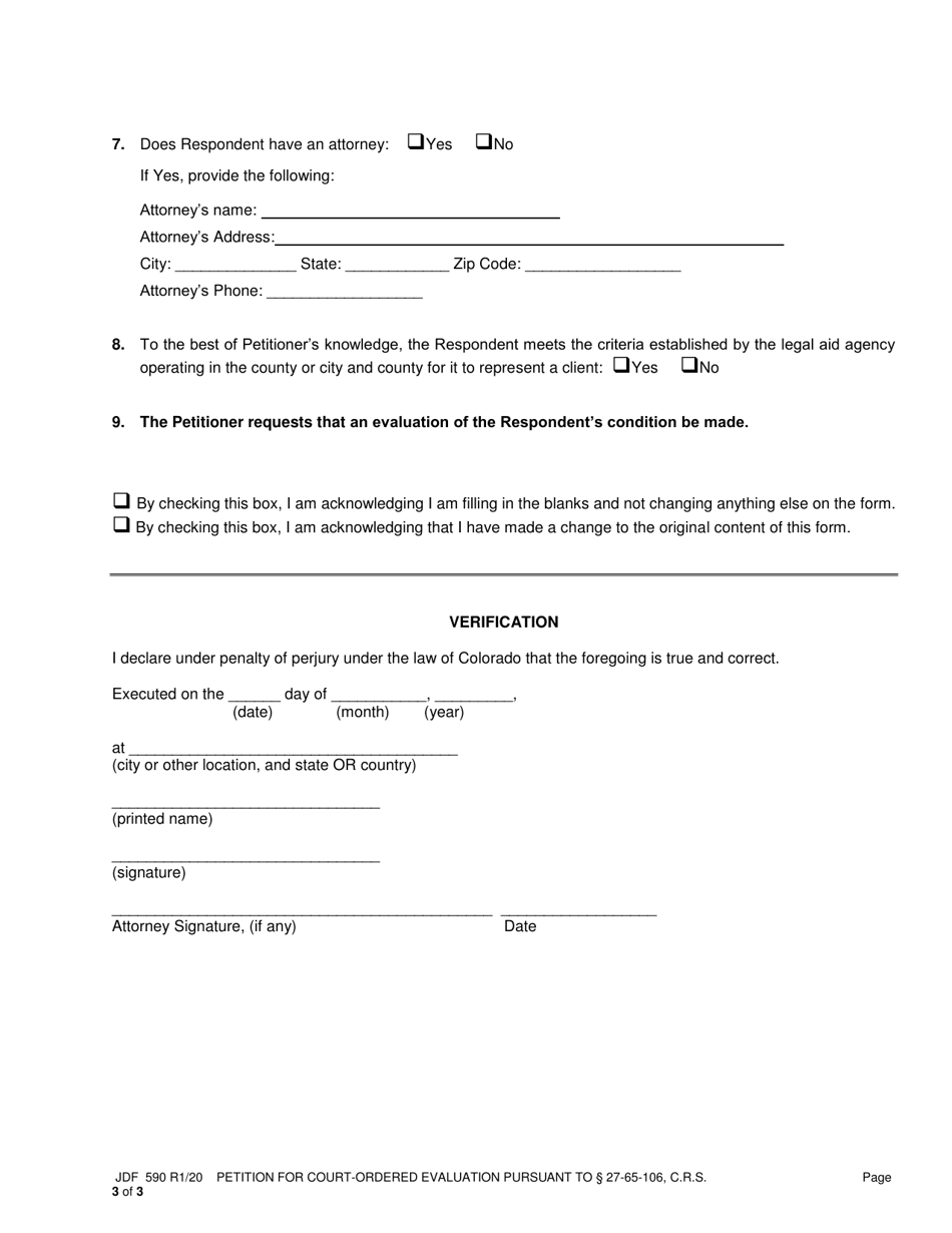 Form JDF590 Petition for Court-Ordered Evaluation Pursuant to Section 27-65-106,c.r.s. - Colorado, Page 3