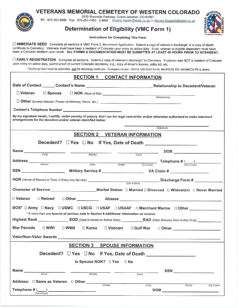 VMC Form 1 Determination of Eligibility - Colorado, Page 1