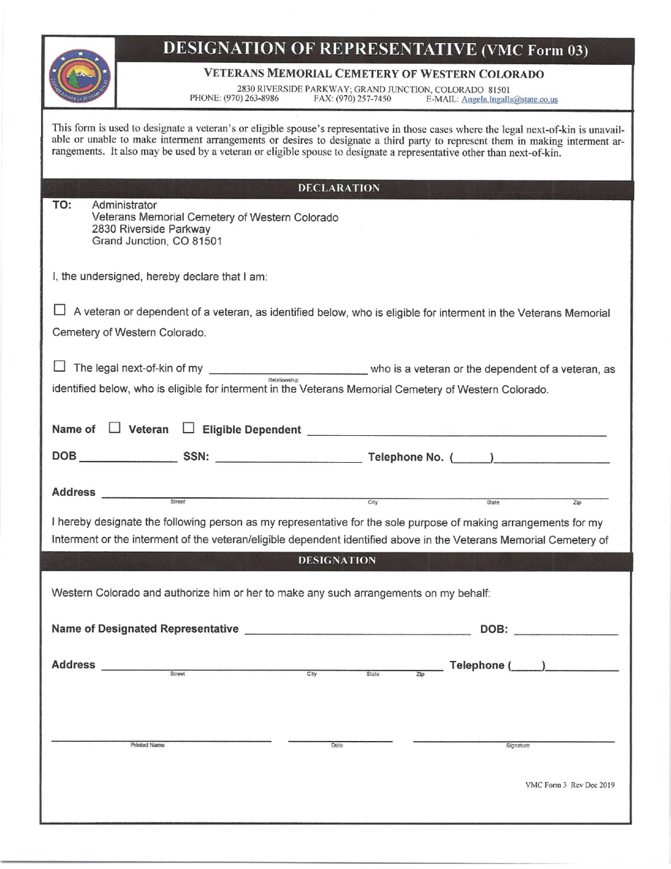 VMC Form 3 Designation of Representative - Colorado, Page 1