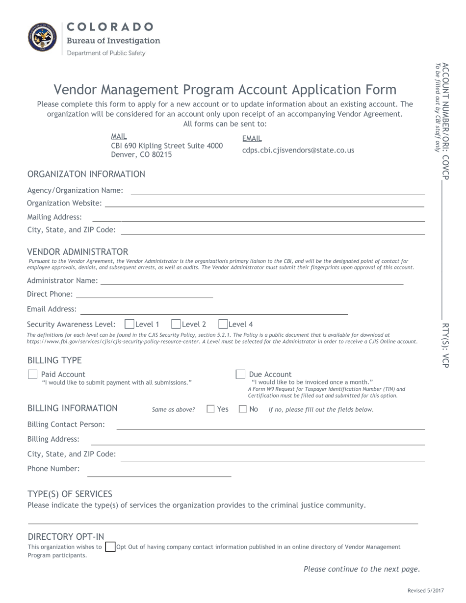 Vendor Management Program Account Application Form - Colorado, Page 1