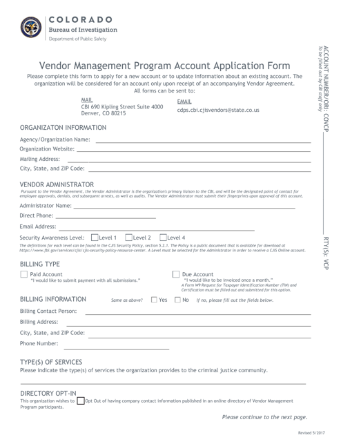 Vendor Management Program Account Application Form - Colorado Download Pdf