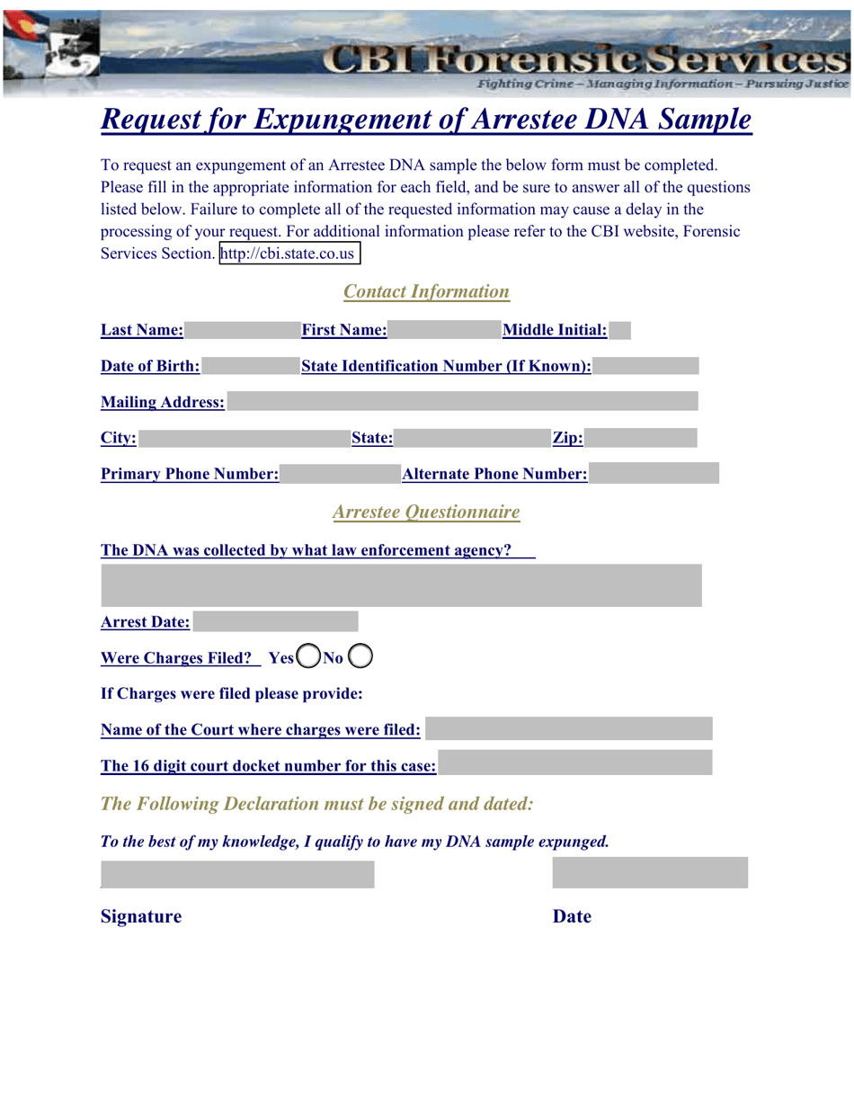Colorado Request for Expungement of Arrestee Dna Sample - Fill Out ...