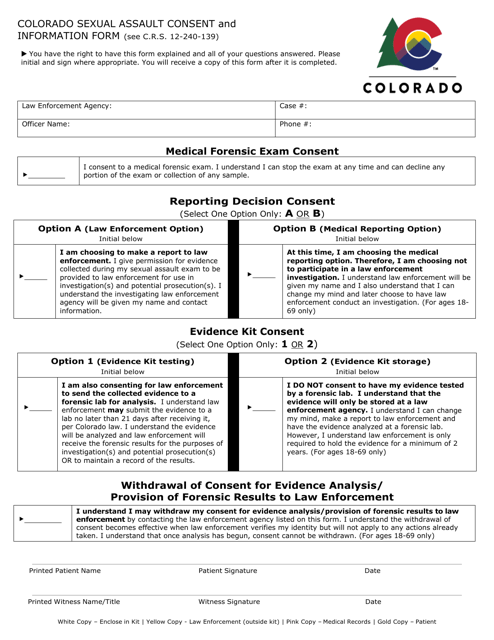 Colorado Colorado Sexual Assault Consent And Information Form Download Printable Pdf 8255