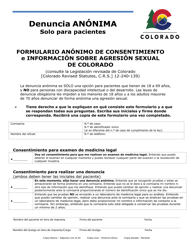 Document preview: Formulario Anonimo De Consentimiento E Informacion Sobre Agresion Sexual De Colorado - Colorado (Spanish)