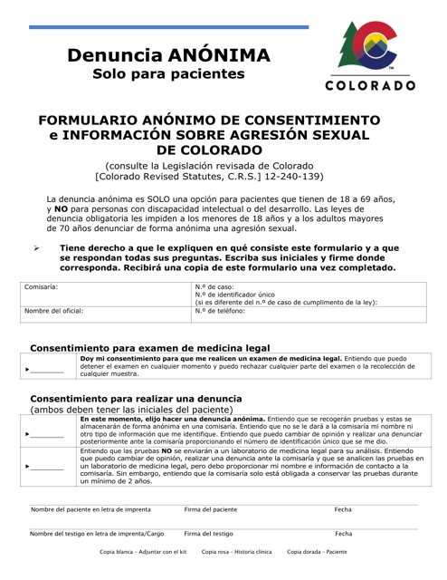 Formulario Anonimo De Consentimiento E Informacion Sobre Agresion Sexual De Colorado - Colorado (Spanish) Download Pdf