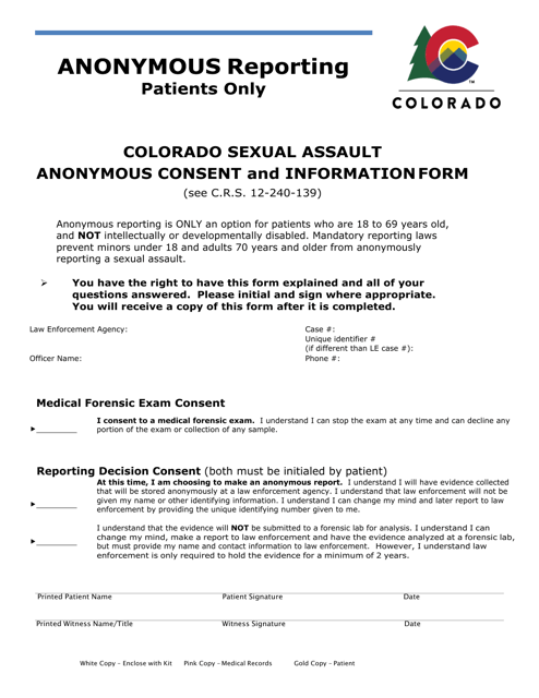 Colorado Sexual Assault Anonymous Consent and Information Form - Colorado Download Pdf