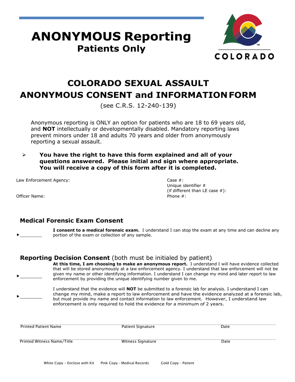 Colorado Sexual Assault Anonymous Consent and Information Form - Colorado, Page 1