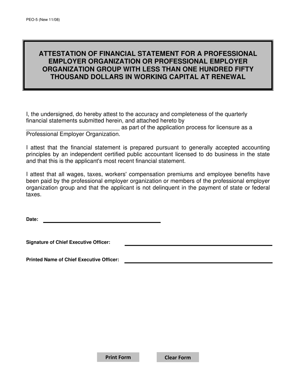 Form PEO-5 Attestation of Financial Statement for a Professional Employer Organization or Professional Employer Organization Group With Less Than $150,000 in Working Capital at Renewal - Connecticut, Page 1