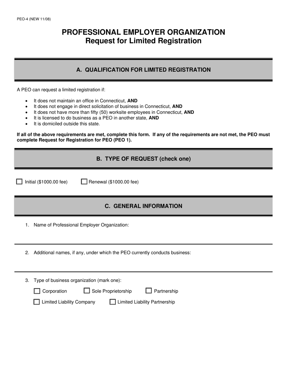 Form PEO-4 Request for Limited Registration - Professional Employer Organization - Connecticut, Page 1