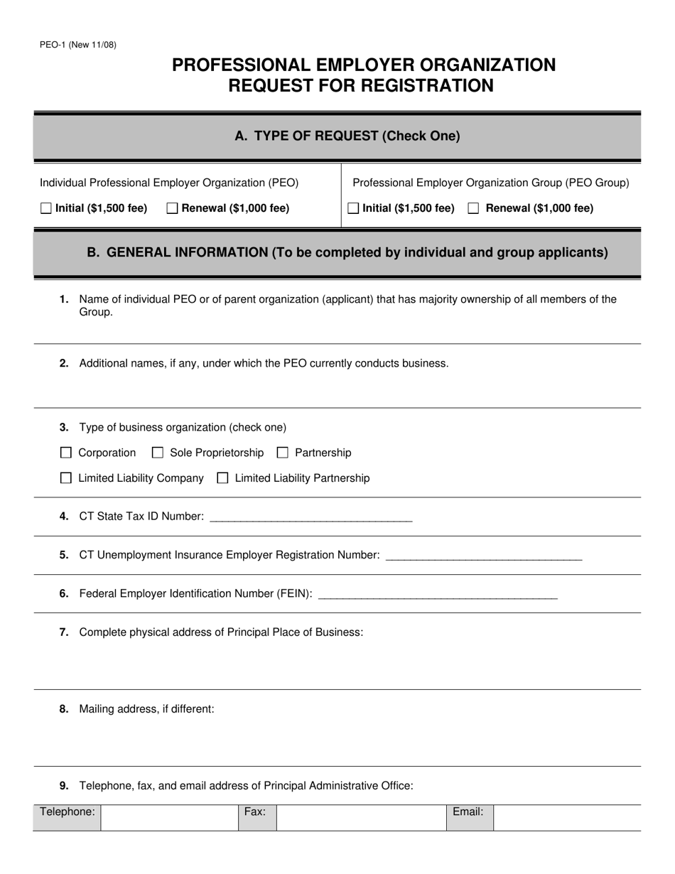 Form PEO-1 Request for Registration - Professional Employer Organization - Connecticut, Page 1