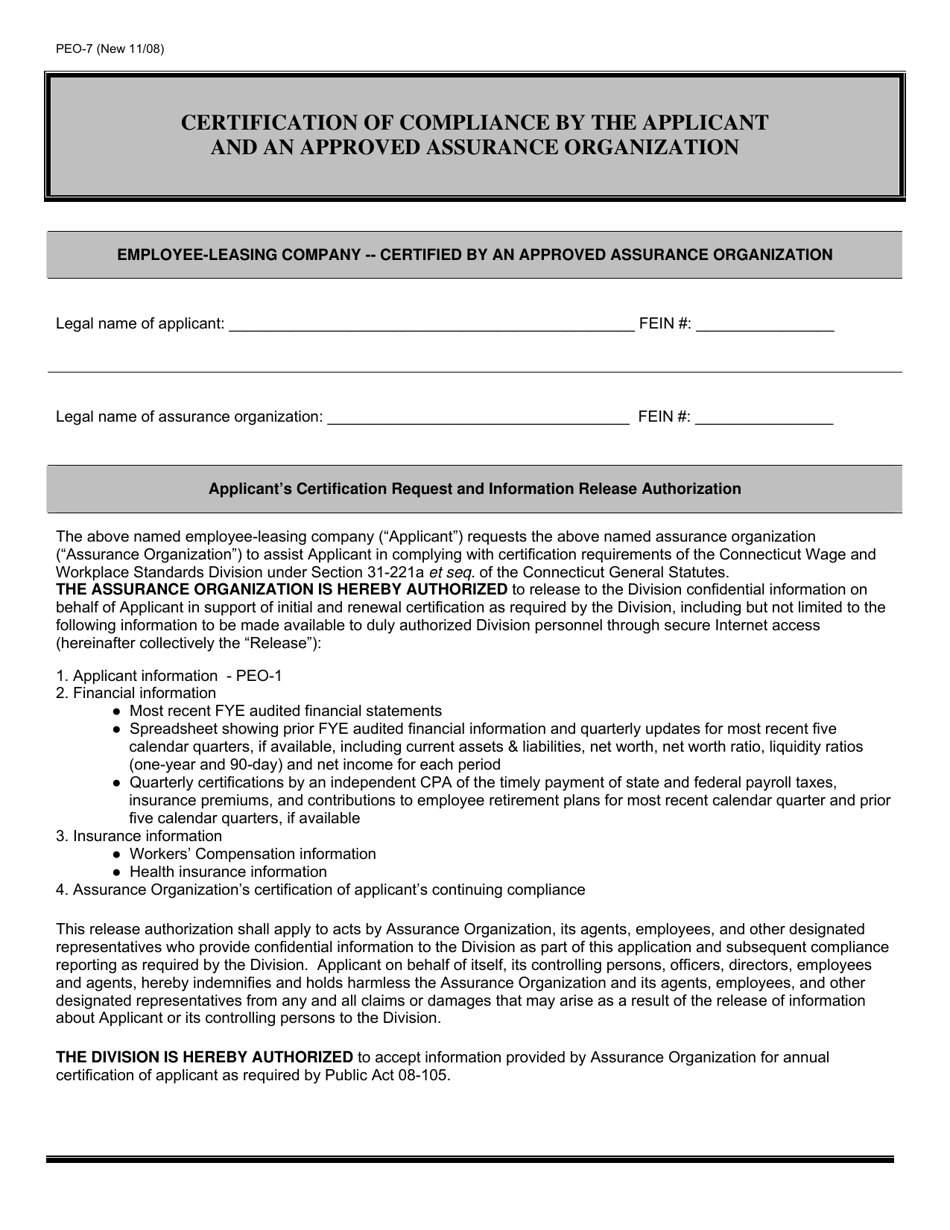 Form PEO-7 Certification of Compliance by the Applicant and an Approved Assurance Organization - Connecticut, Page 1