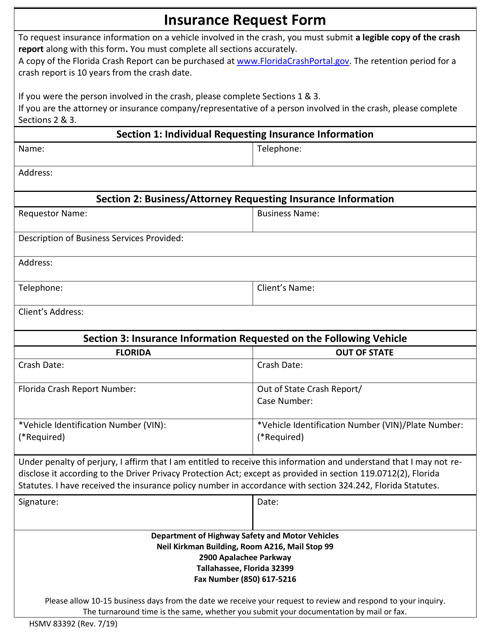 Form HSMV83392 Insurance Request Form - Florida