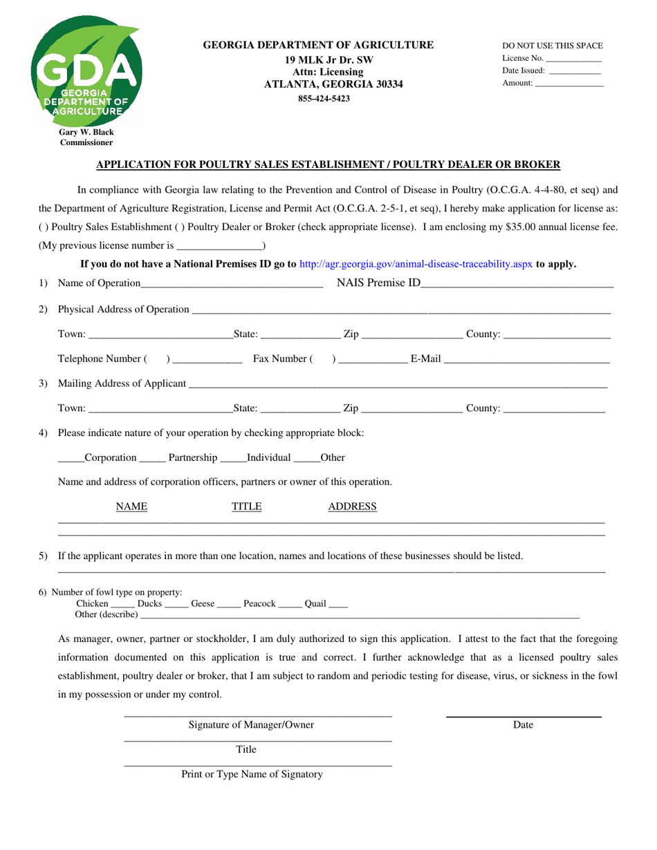 Application for Poultry Sales Establishment / Poultry Dealer or Broker - Georgia (United States), Page 1