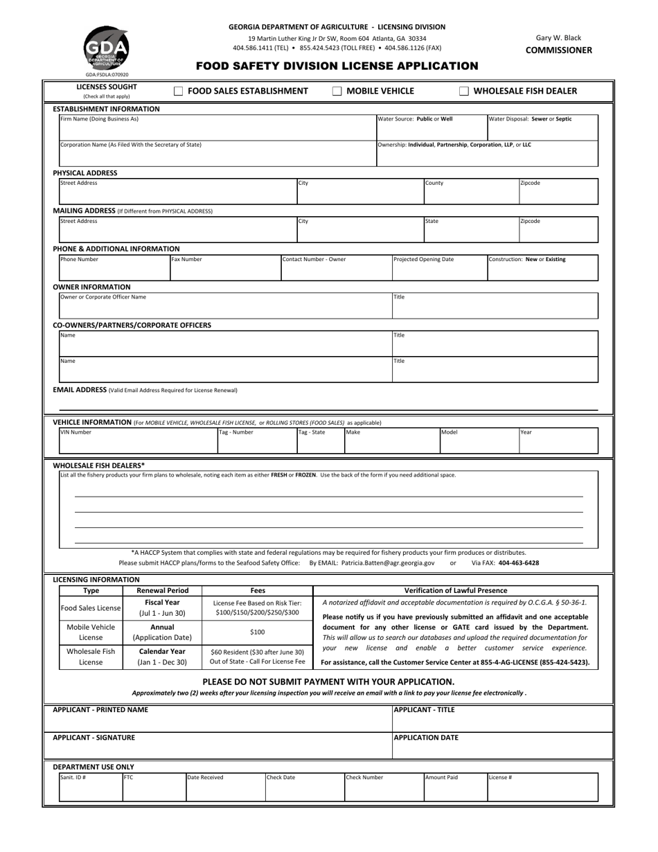 (United States) Food Sales Establishment License Application
