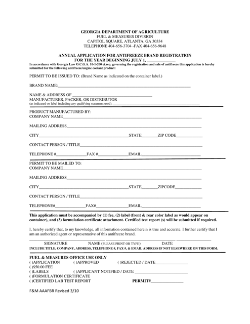 Annual Application for Antifreeze Brand Registration - Georgia (United States) Download Pdf