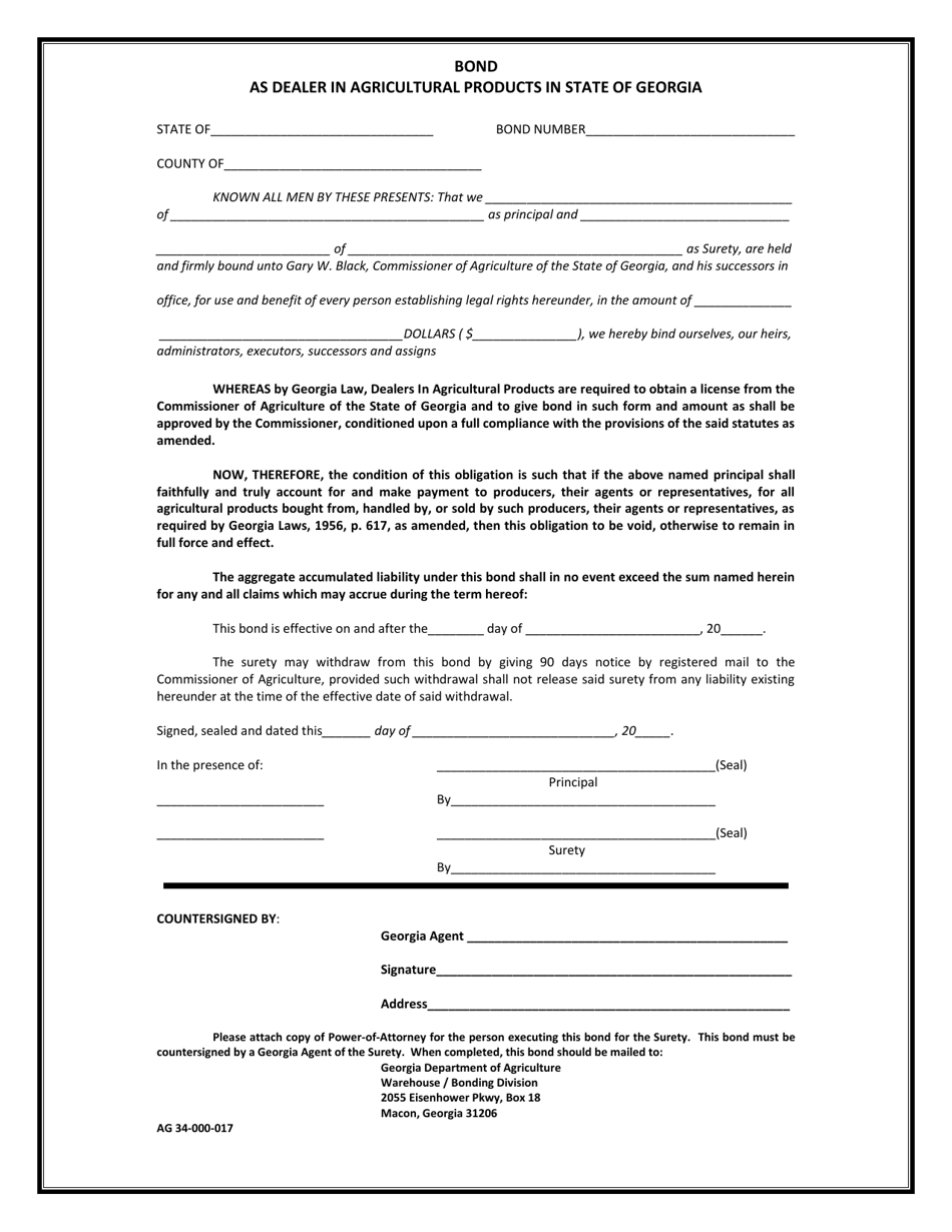 Form AG34-000-017 Bond as Dealer in Agricultural Products in State of Georgia - Georgia (United States), Page 1
