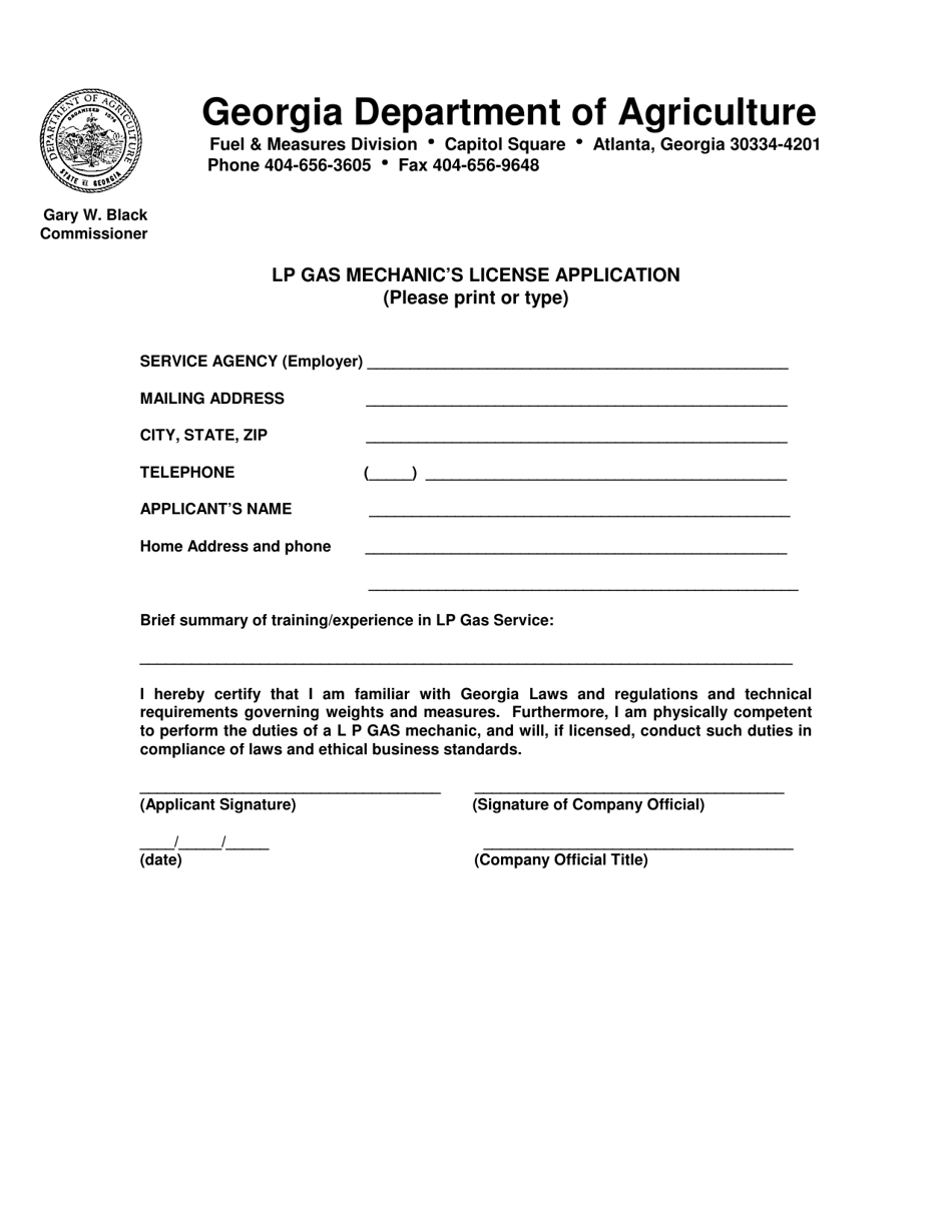 (United States) Lp Gas Mechanic's License Application Fill