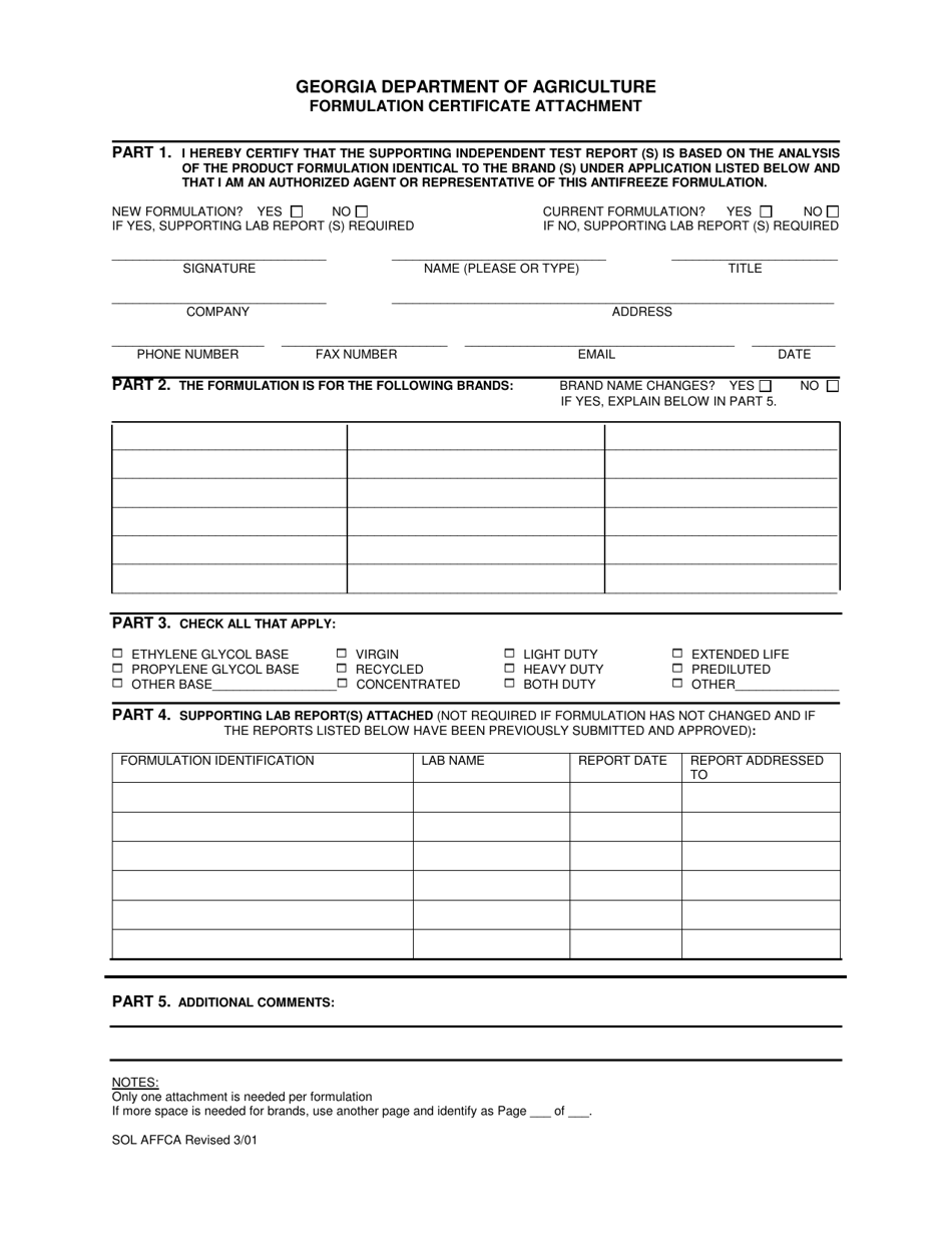 Formulation Certificate Attachment - Georgia (United States), Page 1