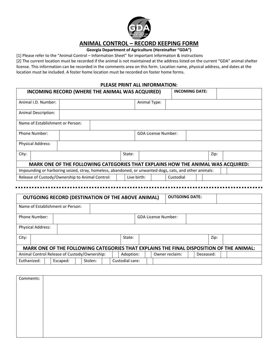 Animal Control - Record Keeping Form - Georgia (United States), Page 1