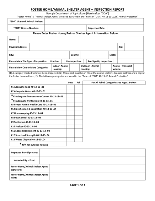 Georgia (United States) Foster Home/Animal Shelter Agent - Inspection  Report Download Printable PDF | Templateroller