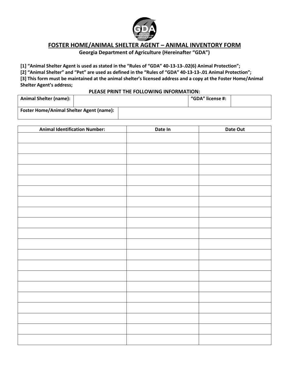 Foster Home / Animal Shelter Agent - Animal Inventory Form - Georgia (United States), Page 1