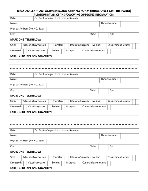Bird Dealer - Outgoing Record Keeping Form - Georgia (United States) Download Pdf