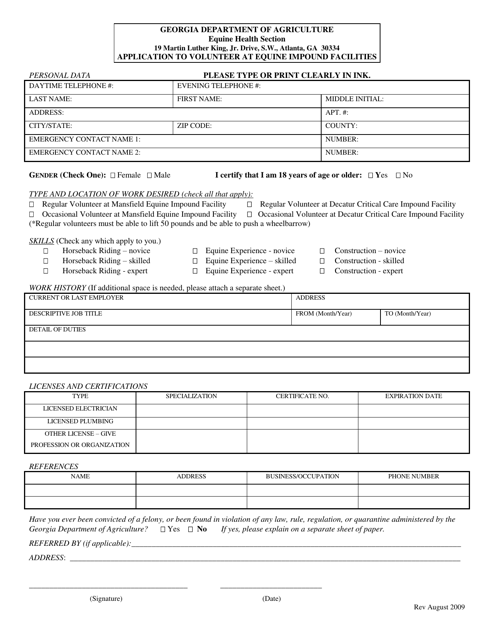 Application to Volunteer at Equine Impound Facilities - Georgia (United States) Download Pdf