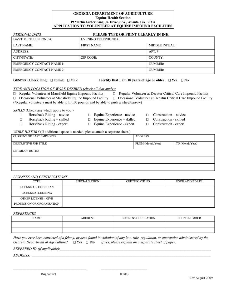 Application to Volunteer at Equine Impound Facilities - Georgia (United States), Page 1